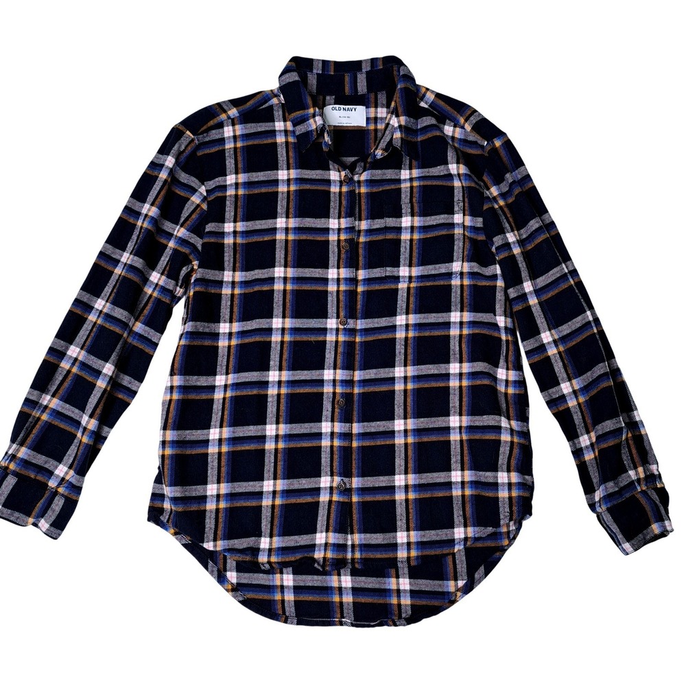 Old Navy Kids Plaid Button Down Shirt XL 14 16 Long Sleeve Navy Blue Casual